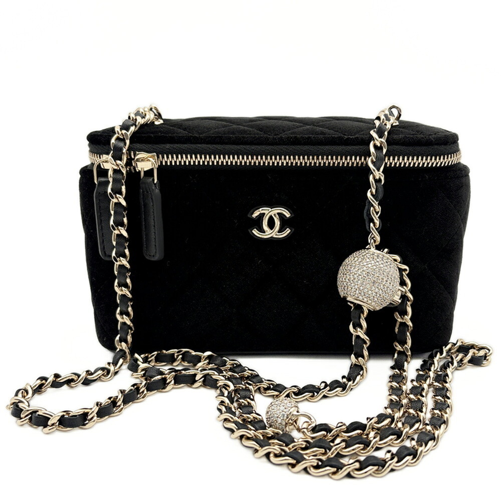 Chanel Matelassé Vanity Bag Shoulder Leather Black Women's Velvet Coco Mark C...